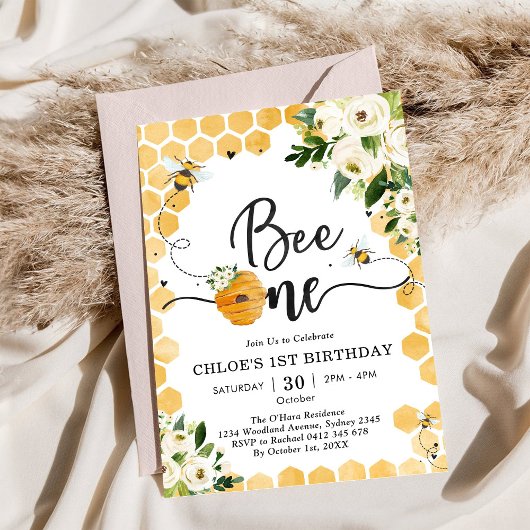 Bee One Honey Bee Floral 1st Birthday Invitation