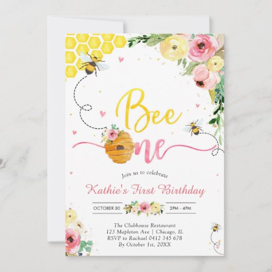 Bee One Honey Bee Girl 1st Birthday Invitation (Devant)