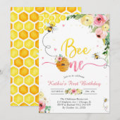 Bee One Honey Bee Girl 1st Birthday Invitation (Devant / Derrière)