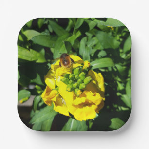 Bee op gele bloemen papieren bordje