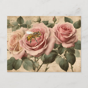  Bee Pink Roses Decoupage Briefkaart