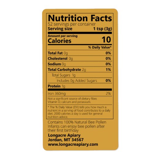 Bee Pollen Nutrition Facts Light Amber Label (Voorkant)