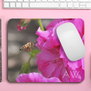 Bee Pollinating Pink Floral Monogram Muismat