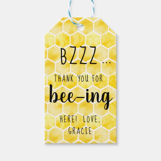 Bee Theme Bedankt om hier te zijn Bzzz Geel Zwart Cadeaulabel (Voorkant)