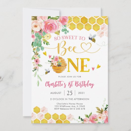 Bee Theme First Birthday Invitation (Devant)