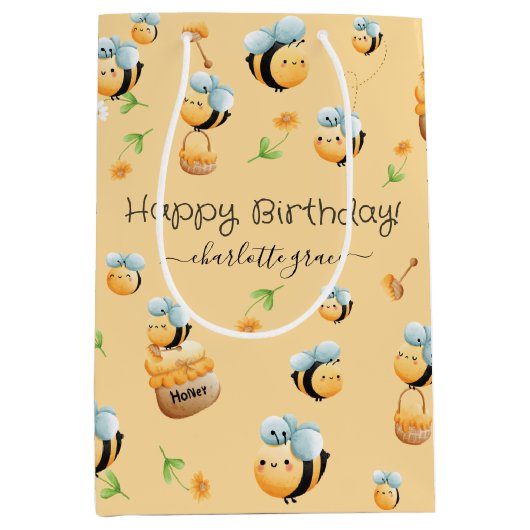Bee-Theme Party Gelukkige Verjaardag Custom Naam Medium Cadeauzakje (Voorkant)