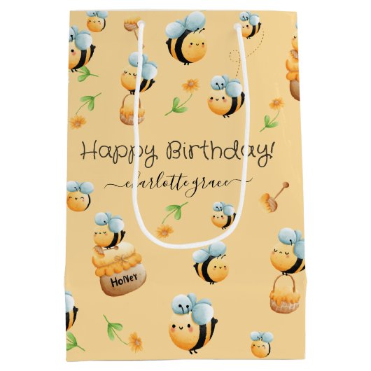Bee-Theme Party Gelukkige Verjaardag Custom Naam Medium Cadeauzakje (Achterkant)