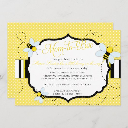 BEE THEMED - Uitnodiging tot Baby shower - Mam tot (Voorkant / Achterkant)