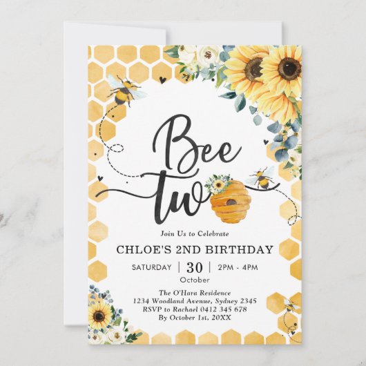Bee Two Honey Bee 2nd Birthday Invitation (Devant)