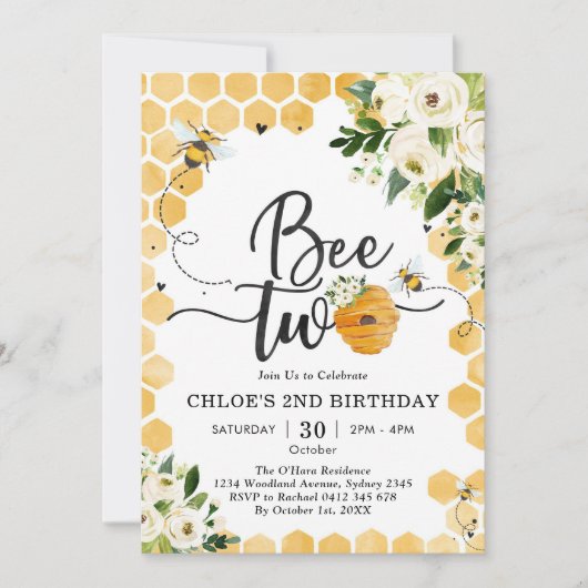 Bee Two Honey Bee 2nd Birthday Invitation Kaart (Voorkant)