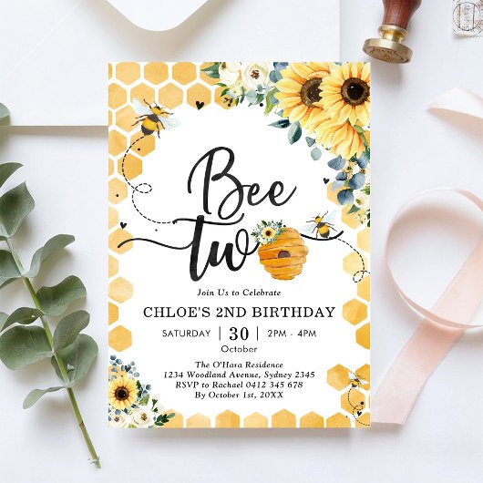 Bee Two Honey Bee 2nd Birthday Invitation Kaart