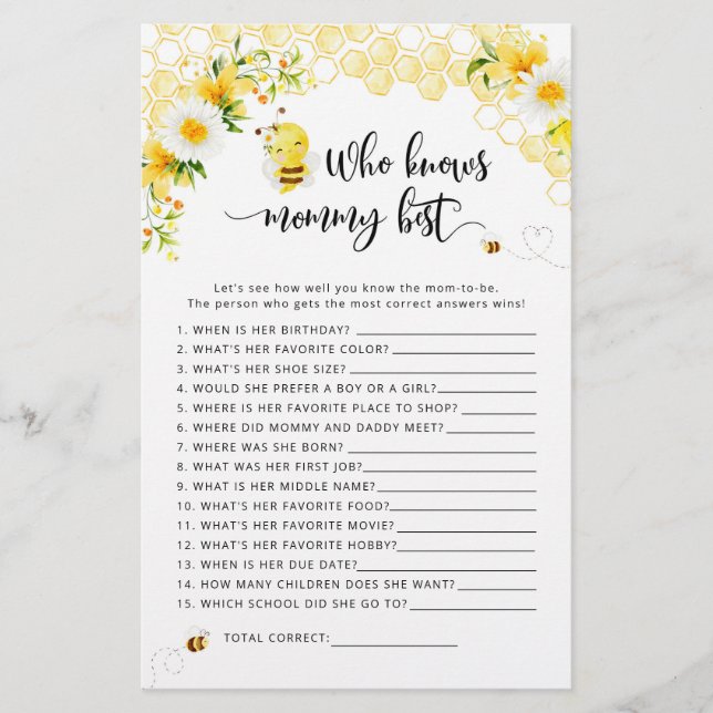Bee Wie kent mama beste baby shower spel (Voorkant)