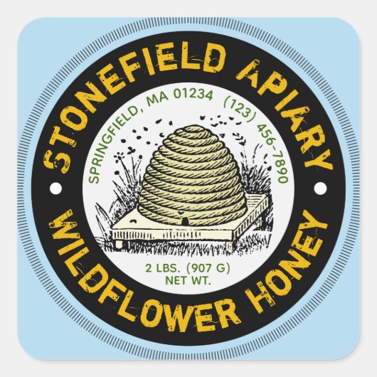 Beehive Apiary Name Light Blue Honey Jar Stickers (Voorkant)