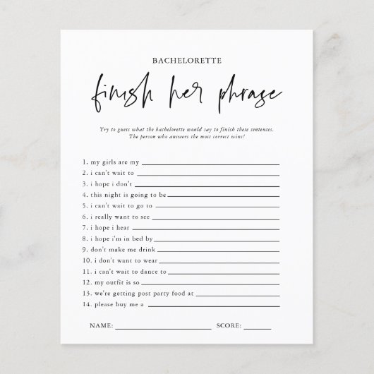 Beëindig de zin | Bachelorette Party Game Kaart (Voorkant)