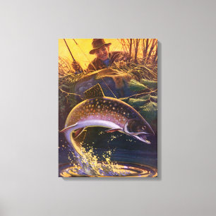 Beekforel Visser, Vintage Sportvisserij Canvas Afdruk