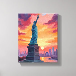 Beeld van de Vrijheid NYC Silhouet Zonsondergang A Canvas Afdruk