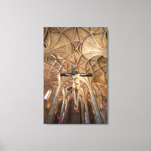 Beeld van Jezus in kathedraal, interieur Canvas Afdruk