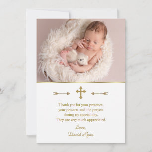 Beeldige babyfoto gouden kruis doop bedankkaart