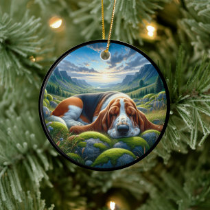 Beeldige Basset Hound-tafereel Keramisch Ornament