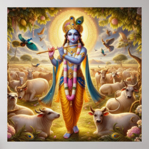 Beeldschone blauwe pastorale Gopala Krishna-kunst Poster