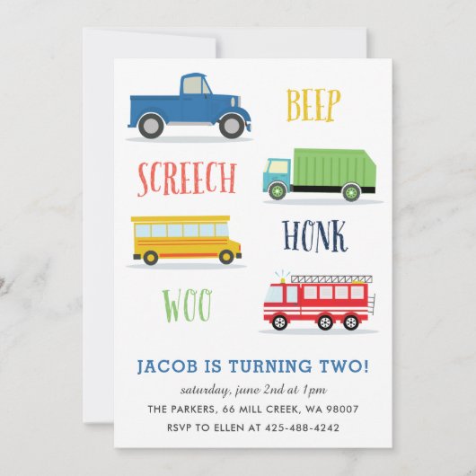 Beep Vroom Woo Truck - verjaardagsfeest van het Ki Kaart (Voorkant)