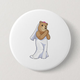 Beer als bruid met sluier ronde button 7,6 cm