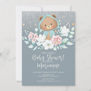 Beer Baby shower Floral Glitter Dusty Blue Kaart