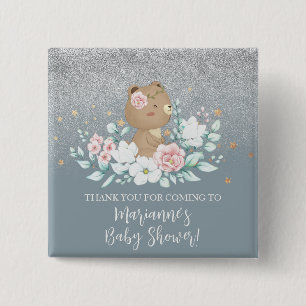 Beer Baby shower Floral Glitter Muted Blue Vierkante Button 5,1 Cm
