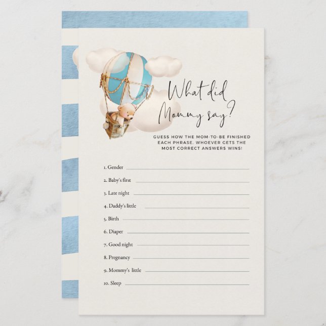 Beer Baby shower Game - Wat zei mama? (Voorkant / Achterkant)