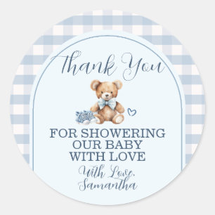 Beer Babyschoenen Blauw Gingham Baby Shower Bedank Ronde Sticker