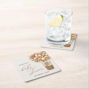 Beer, beige ballonnen, heteluchtballon, Baby showe Vierkante Kartonnen Onderzetter