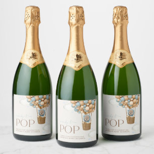 Beer, blauwe ballonnen, luchtballon, Baby shower Sparkling Wijnetiket