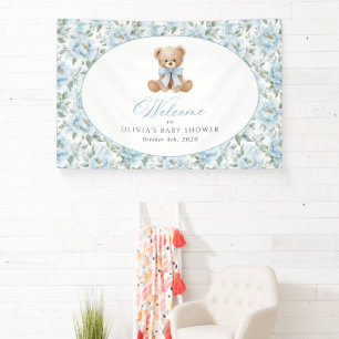 Beer, Blauwe Strik, Blauwe Bloemen, Welkom Baby Sh Spandoek