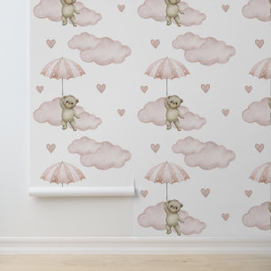 Beer Blush Roze Paraplu Wolken Harten Baby Meisje Behang
