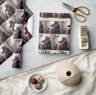 Beer die cello speelt in een nevelig bos cadeaupapier