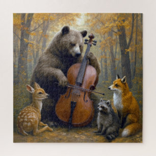 Beer die cello speelt in herfstbossen legpuzzel