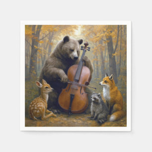 Beer die cello speelt in herfstbossen servet