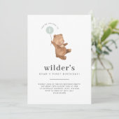 Beer Eerste verjaardag Uitnodiging Groene Ballon (Staand voorkant)