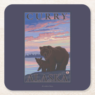 Beer en Cub - Curry, Alaska Vierkante Kartonnen Onderzetter