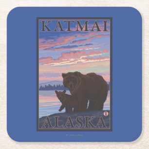 Beer en Cub - Katmai, Alaska Vierkante Kartonnen Onderzetter