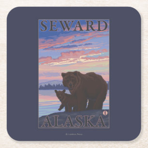Beer en Cub - Seward, Alaska Vierkante Kartonnen Onderzetter