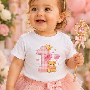 Beer en Geruite Eén 1e Verjaardag Baby T-Shirt
