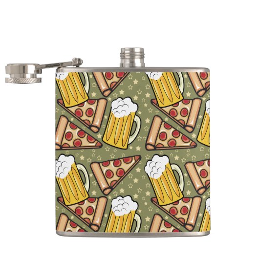 Beer en Pizza Grafisch Patroon Heupfles (Geopend)