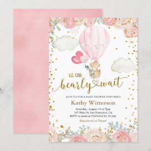 Beer- en roze warmluchtballon Baby shower Kaart