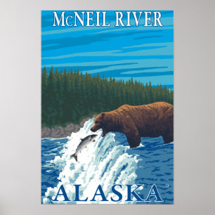 Beer Gevist in de rivier de McNeil, Alaska Poster