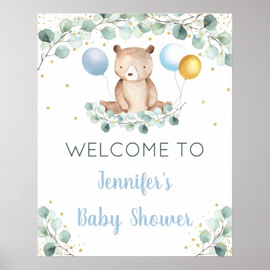 Beer Greenery Gold Blue Boy Baby shower Welkom Poster (Voorkant)