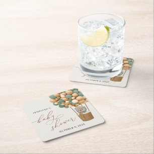 Beer, groene ballonnen, heteluchtballon, Baby show Vierkante Kartonnen Onderzetter