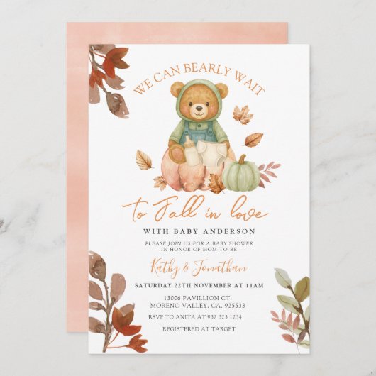 Beer Herfst in Liefde Pompoen Melkfles Baby shower Kaart (Voorkant / Achterkant)