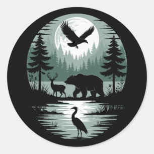 Beer Herten Arend Maan Bos Silhouet Ronde Sticker