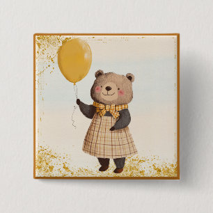 Beer in geel gepleisterde jurk met gele ballon vierkante button 5,1 cm